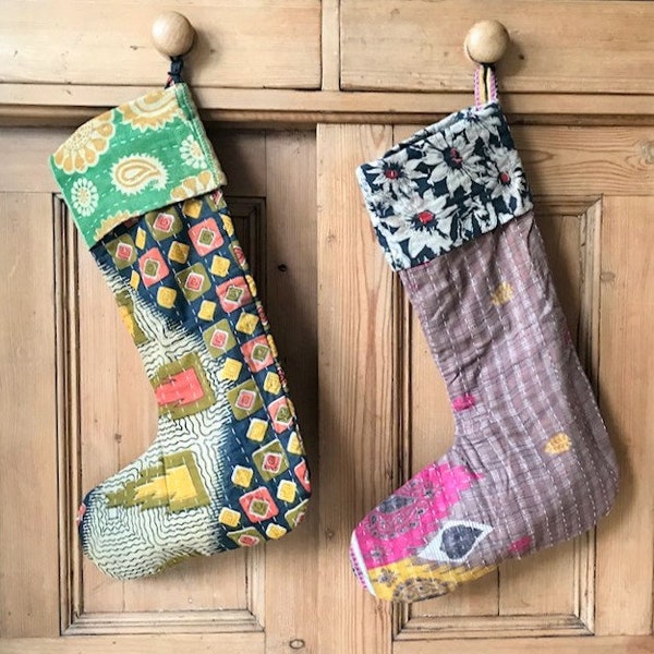 Upcycled Christmas stocking, Vintage cotton kantha holiday stocking, Rustic handmade item, bohemian recycled stocking eclectic home décor