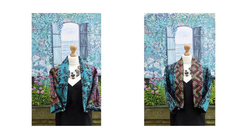 Vintage silk kantha jacket, Upcycled vintage silk fully reversible cropped jacket, Recycled eco-friendly bohemian silk kantha handmade item Size 12 jacket 2