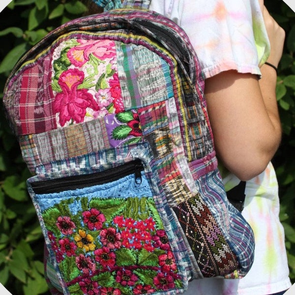 Upcycled backpack, Recycled vintage Guatemalan fabric backpack, Repurposed eco-friendly Mayan shirt and skirt backpack embroidery tapestry