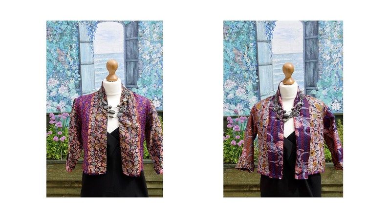 Vintage silk kantha jacket, Upcycled vintage silk fully reversible cropped jacket, Recycled eco-friendly bohemian silk kantha handmade item Size 10 jacket 1