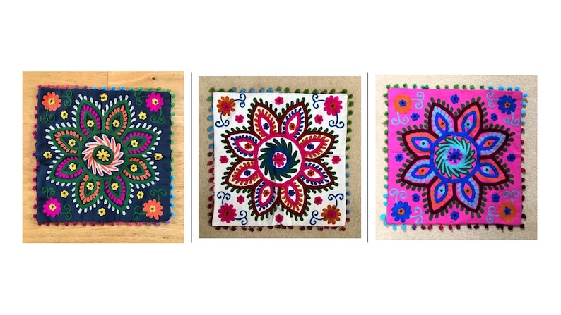 Suzani cushion covers, cotton floral hand embroidered, traditional bohemian colourful eco-friendly eclectic home décor cushion covers image 3