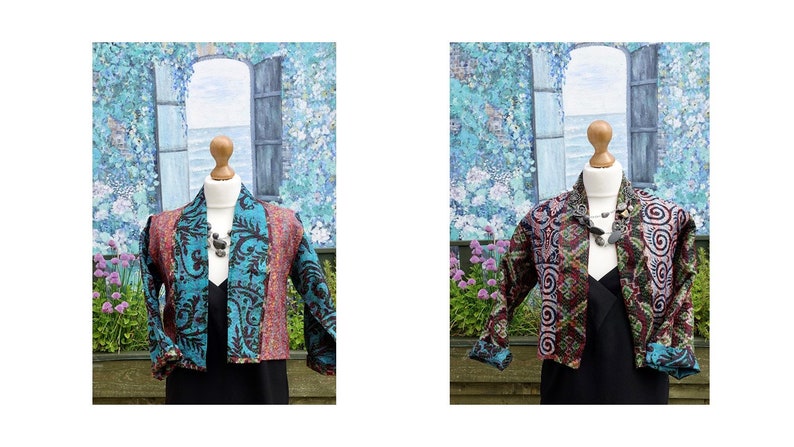 Vintage silk kantha jacket, Upcycled vintage silk fully reversible cropped jacket, Recycled eco-friendly bohemian silk kantha handmade item Size 8