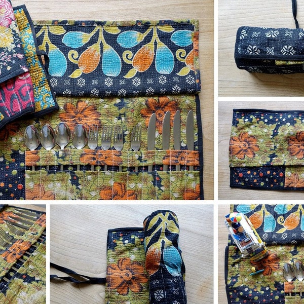 Upcycling Besteck Wickel, Vintage Handarbeit Baumwolle Kantha Bestecktasche, Besteckrolle, Bestecktasche, Besteckhalter, Recycelte Besteckhülle