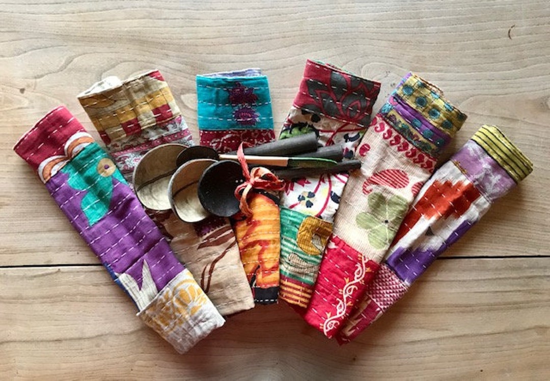 Pair Vintage Kantha Table Napkins Indian Block Print Upcycled Etsy Sweden