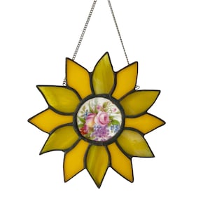 Stained Glass & Ceramic Sunflower Suncatcher, Vintage crockery Handmade sun-catcher, Quirky Wall art decorative ornament, mixed media gift,