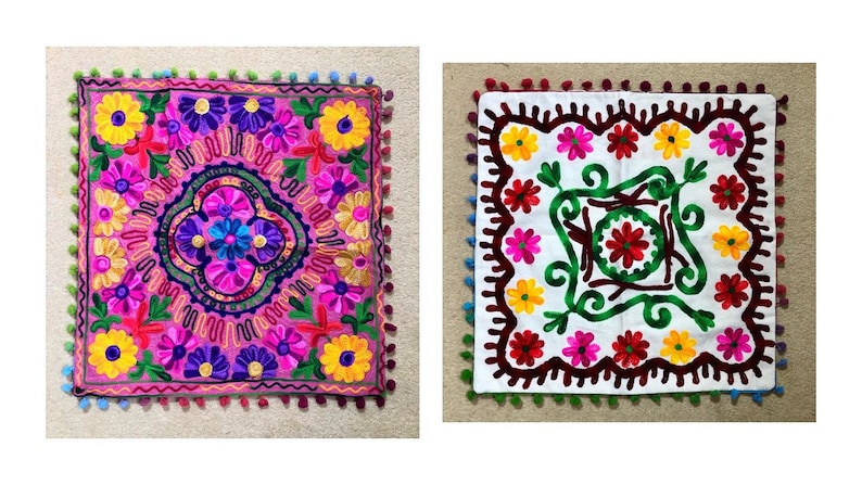 Suzani cushion covers, cotton floral hand embroidered, traditional bohemian colourful eco-friendly eclectic home décor cushion covers image 7