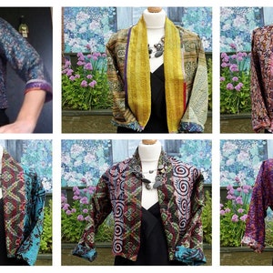 Vintage silk kantha jacket, Upcycled vintage silk fully reversible cropped jacket, Recycled eco-friendly bohemian silk kantha handmade item image 1