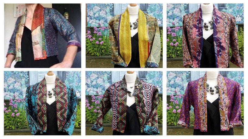 Vintage silk kantha jacket, Upcycled vintage silk fully reversible cropped jacket, Recycled eco-friendly bohemian silk kantha handmade item image 1