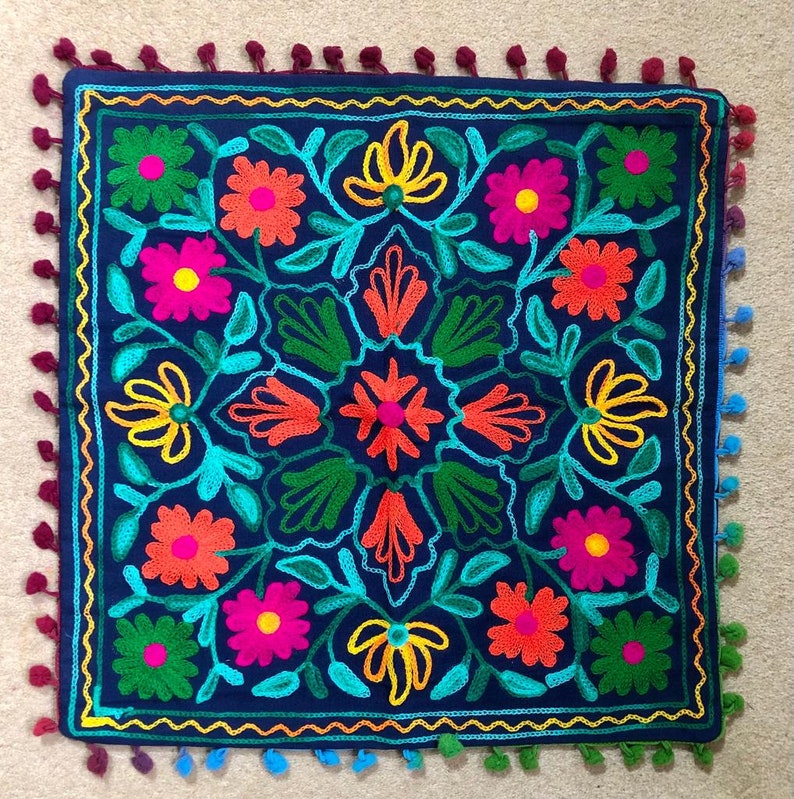 Suzani cushion covers, cotton floral hand embroidered, traditional bohemian colourful eco-friendly eclectic home décor cushion covers image 2