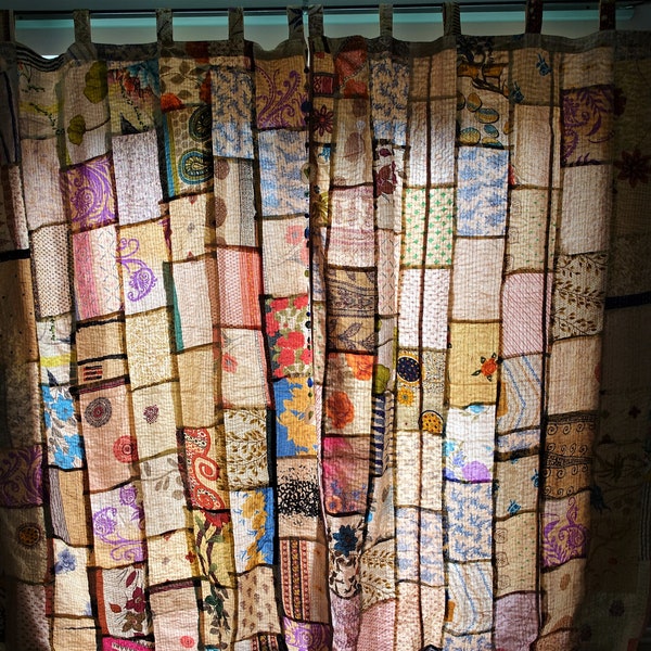 Vintage silk patchwork Kantha curtains, Upcycled handmade authentic patchwork kantha eclectic home décor, Eco-friendly bohemian curtain