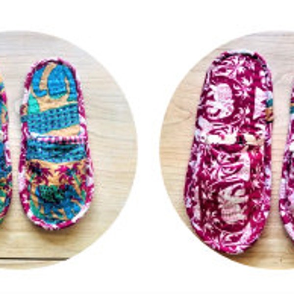 Kantha slippers, Vintage upcycled handmade cotton kantha slippers, Bohemian house slippers, Indoor soft colourful mules slip on slippers,