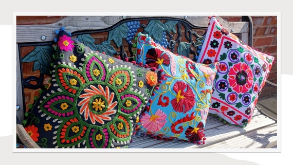 Suzani Cushion Covers Cotton Floral Hand Embroidered Traditional