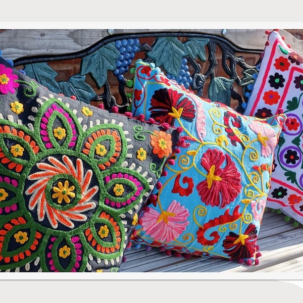 Suzani cushion covers, cotton floral hand embroidered, traditional bohemian colourful eco-friendly eclectic home décor cushion covers