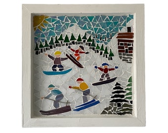 Skier snowboarder mosaic picture, Winter sports mountain ski slope scene, Handmade quirky eclectic home décor, Hanging wall art decoration