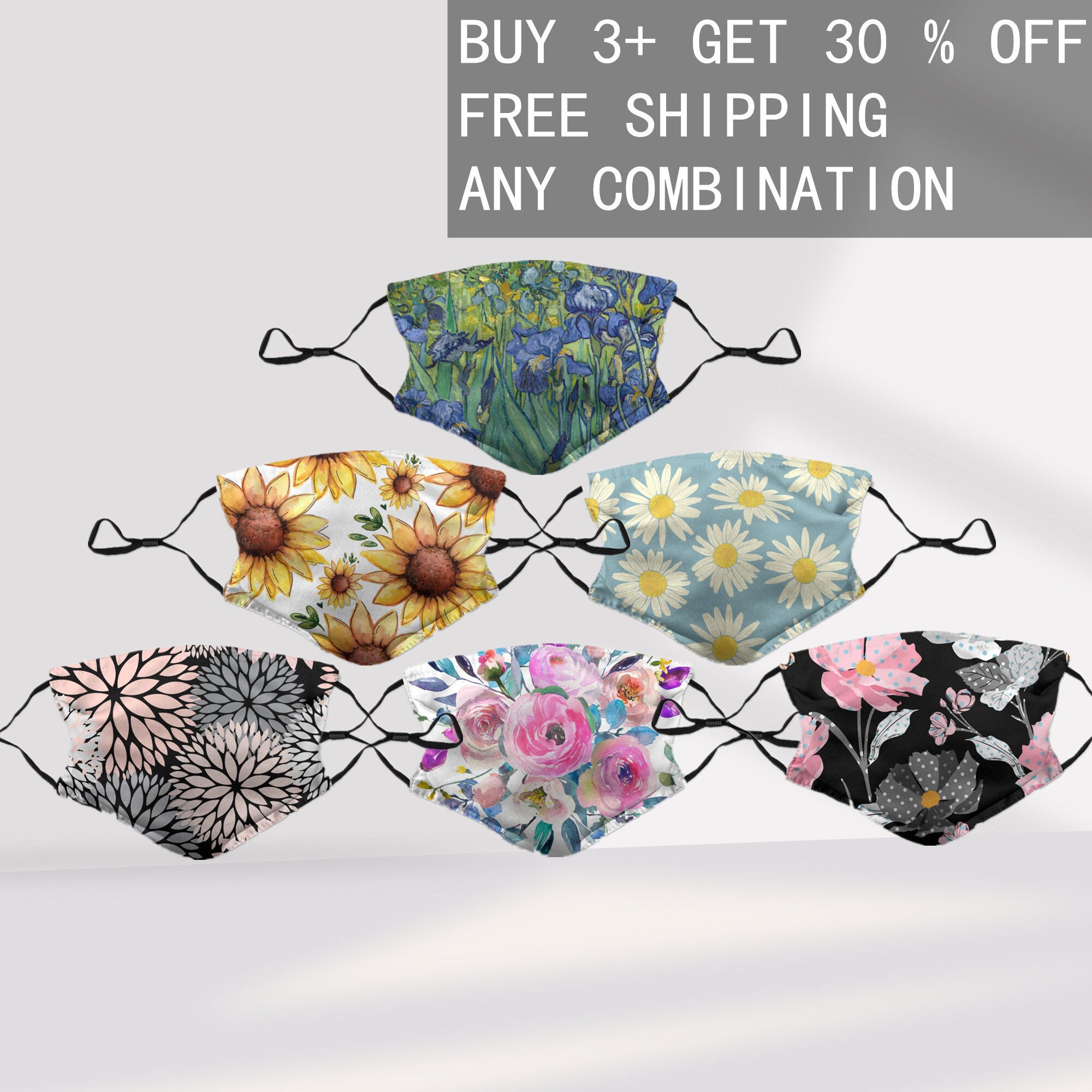 Flowers Mask Colorful Face Mask 3 Layer Face MaskAdjustable Etsy