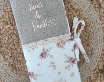 Protège livret de famille lin et motif fleuri doré cadeau de mariage