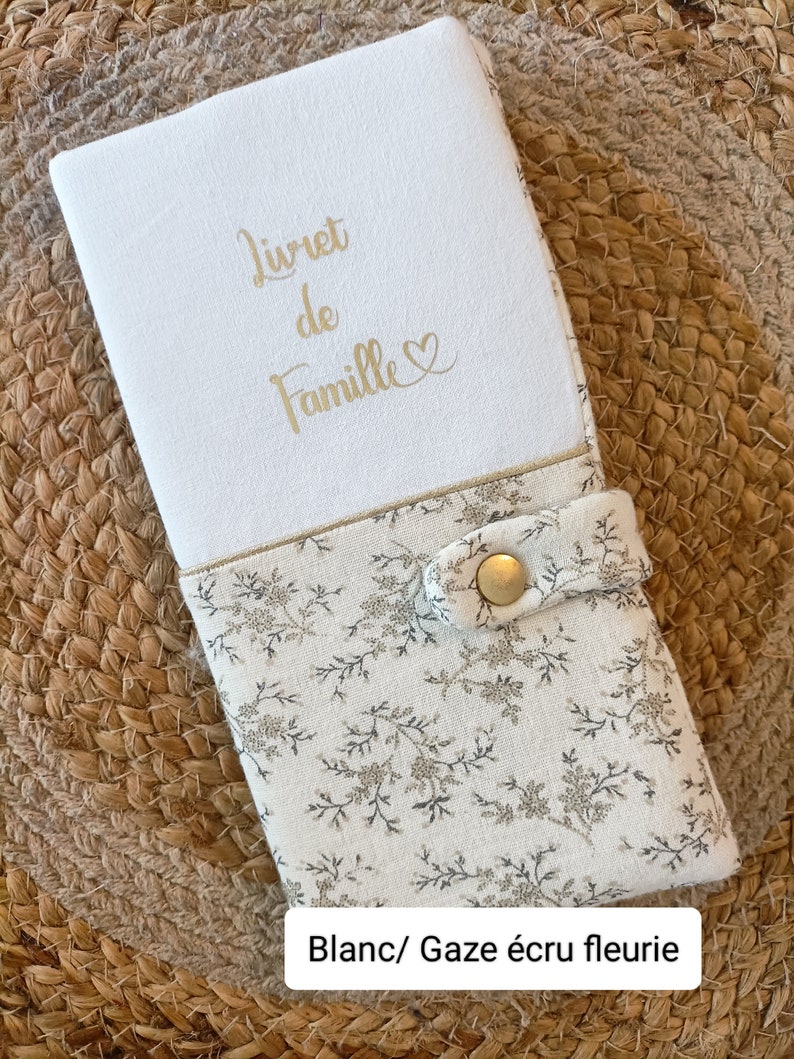 Protège livret de famille lin et motif fleuri doré cadeau de mariage Blanc/gaze écr.fleur