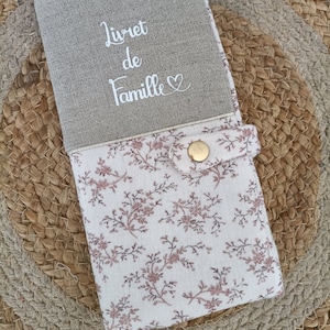 Protège livret de famille lin et motif fleuri doré cadeau de mariage Colette rouge