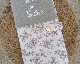 Protège livret de famille lin et motif fleuri doré cadeau de mariage