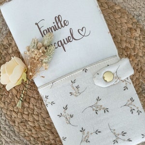 Protège livret de famille lin et motif fleuri doré cadeau de mariage Blanc/gaze feuilles