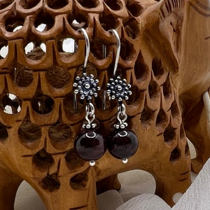 Garnet Earrings on Flower Ear Wire