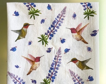 Hummingbird & Lupine Pattern Tea Towel, designed from my watercolors, Bird Decor *free shipping, same or next day (buy 2 or more and save!)