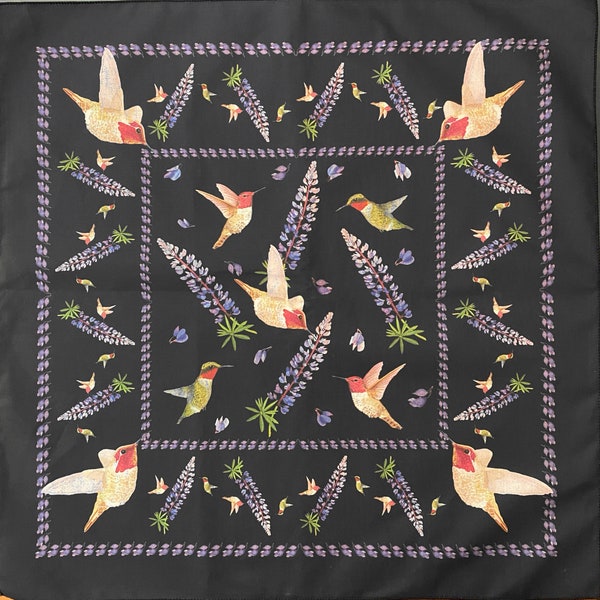 Hummingbirds and Lupines Bandana, designed with my watercolor paintings, 100% cotton *ships same or next day (free shipping/gift wrap)