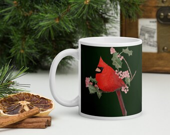 Sweet Christmas / Holiday Cardinal With Holly glossy mug
