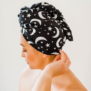 RESTOCKED! BEST SELLER Turban Style Hair Plop Towel, T-shirt Towel, Cotton Towel to Defrizz Curly Hair, Black Moon Stars