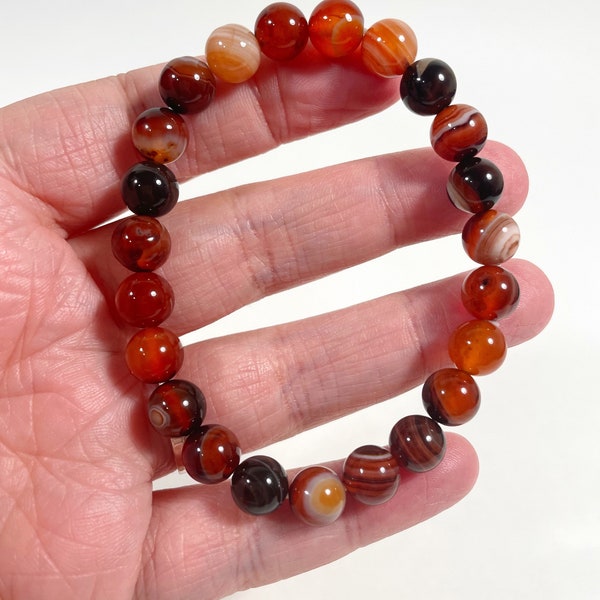 Sardonyx Natural Crystal Bead Bracelet 8mm, 7 inch bracelet, genuine crystal beads with stretch elastic