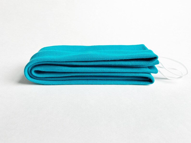 以下が含まれることがあります： 白いゴム製の耳ひもが付いた、折り畳まれたターコイズブルーの布製フェイスマスクです。