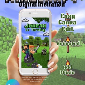 May include: A smartphone displaying a Minecraft-themed digital invitation. The screen shows pixelated characters and the text "Jareth Is Turning." Additional text includes "Easy Canva Edit," "Animated," and "Add Music." The Canva logo is visible.