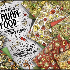May include: Seven cartoon Italian food seamless patterns. The patterns feature various Italian food items, including pizza, pasta, cheese, and olives. The patterns are colorful and whimsical, and they would be perfect for use in a variety of projects, such as scrapbooking, card making, and fabric design.