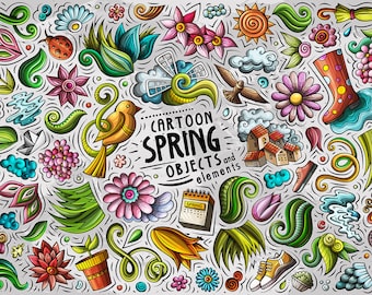 Könnte beinhalten: Eine bunte Cartoon-Illustration von Frühlingsgegenständen und -elementen. Die Illustration enthält Blumen, Vögel, Häuser, Wolken, Regen, Regenschirme, einen Marienkäfer, eine Gießkanne, einen Kalender, einen Heißluftballon, einen Schmetterling, eine Schnecke, eine Sonne, einen Regenbogen und ein Paar Schuhe. Der Text "Cartoon Spring Objects and elements" ist in der Mitte der Illustration geschrieben.