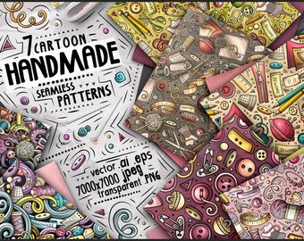 Handmade Digital Paper Pack, Craft Seamless Patterns, Scrapbook Paper Set, Hobby Cartoon Seamless Pattern, Handicraft Work Vector Background