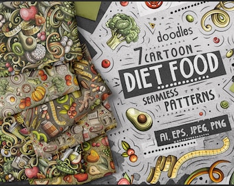 DIET Food Digital Paper Pack, Diet Seamless Patterns, Vegan Food Scrapbook Paper Set, Veggie Papers, Dietic Vector Printable, PNG, JPEG