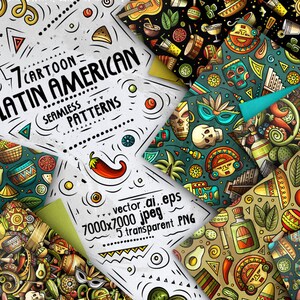 May include: Seven colorful cartoon seamless patterns featuring Latin American themes. The patterns include images of food, music, animals, and cultural symbols. The text "7 Cartoon Latin American Seamless Patterns" is displayed in the center of the image.