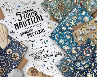 Nautical Digital Paper Pack, Marine Seamless Patterns, Scrapbook Paper Set, Nautical Cartoon Seamless Pattern, Doodle Vector Backgrounds Set