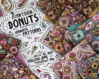 Donuts Digital Paper Pack, Donuts Nahtlose Muster, Scrapbook Papier Set, Doughnuts Cartoon Vektor, Süßer Hintergrund, Direkter Download