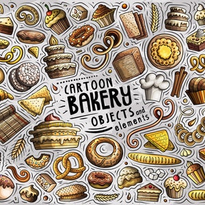 May include: A colorful cartoon illustration of bakery items, including bread, pastries, cakes, and other sweet treats. The illustration is filled with various colors and textures, creating a fun and whimsical feel. The text "Cartoon Bakery Objects and elements" is included in the image.