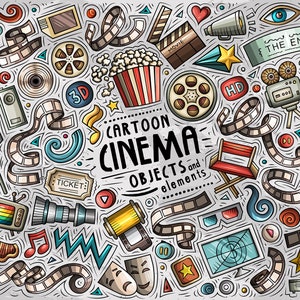 Cinema PNG Clip Art/ Movie Doodle Stickers/ Doodles Cinema Clipart/ Movie Party Vector Objects Set/ Instant Digital Download/ PNG, Ai, Eps