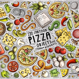 May include: A colourful cartoon illustration of 230 pizza objects and elements. The illustration includes pizza slices, toppings, ingredients, and other related items. The text "230 Cartoon Pizza Objects and Elements" is included in the image.