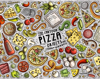 PIZZA Vector ClipArt, Pizzeria Cartoon PNG Set, 230 Doodles Clip Art, Pizza Clip Art, Cartoon Pizzeria Vector Objects, Digital Download, PNG