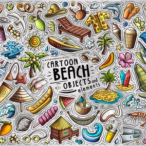 Clipart BEACH, Zestaw letni z kreskówek Doodle, Zabawne grafiki sezonowe, Naklejki plażowe, Tropikalne rysunki, Pakiet wektorów wakacyjnych, Natychmiastowe pobieranie