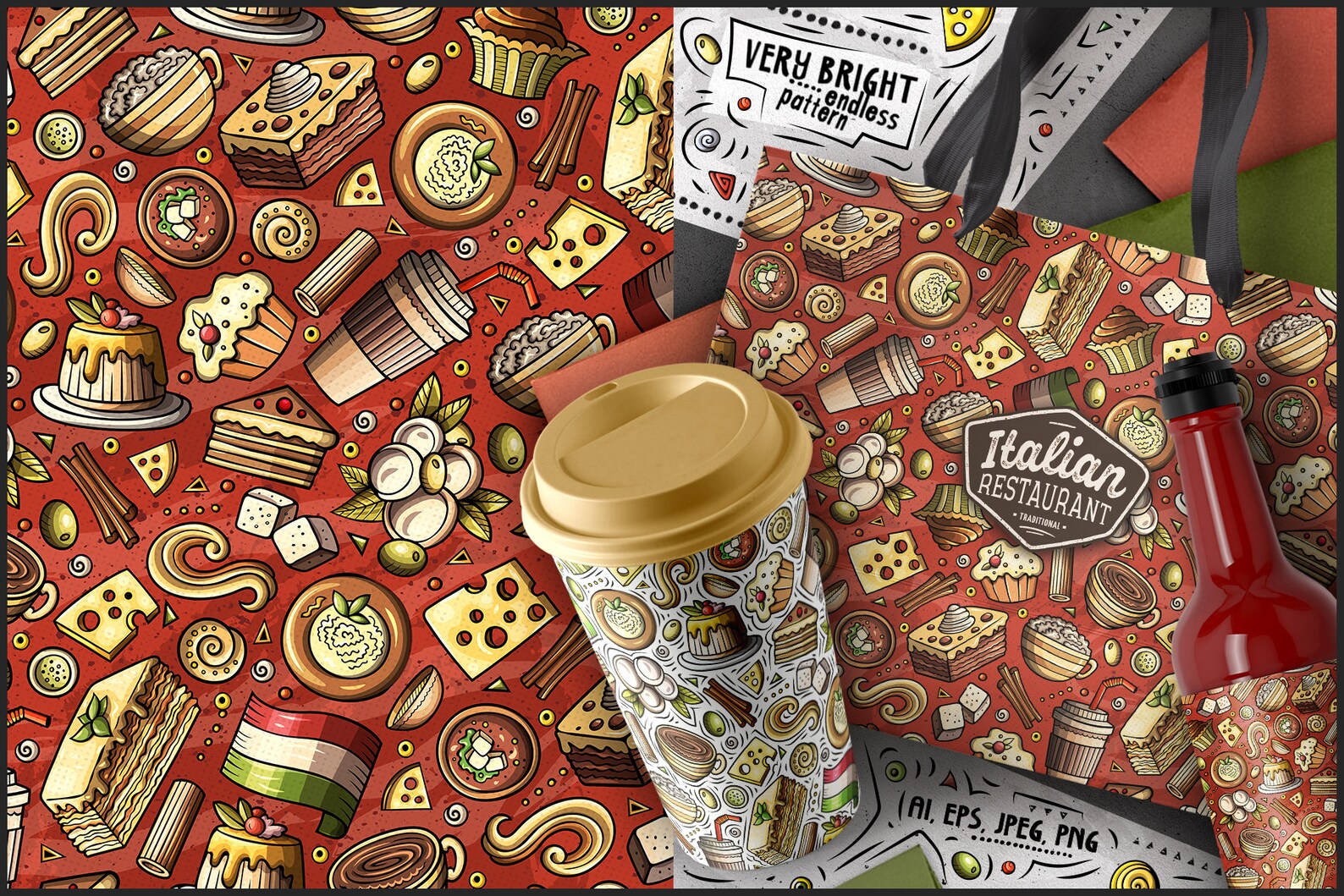 Italian Food Digital Paper Pack, Italy Cuisine Seamless Patterns ...
