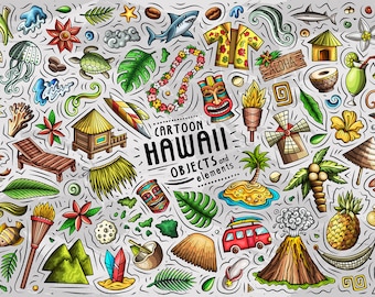 HAWAII PNG Clipart/ Hawaiian Doodle Stickers/ Aloha Vector Clip Art/ Exotic Island Cartoon Objects Set/ Tiki Bar/ Instant Digital Download