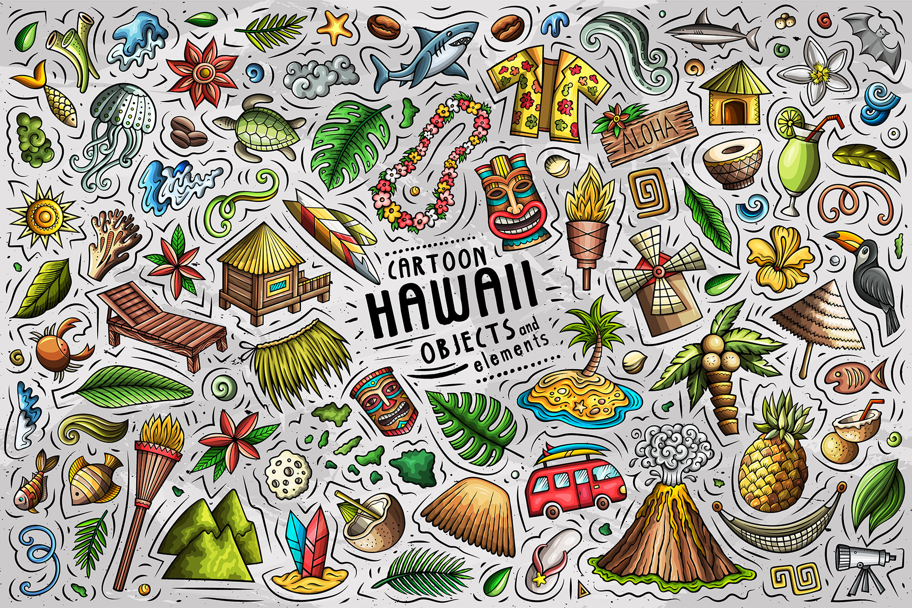 HAWAII PNG Clipart / Hawaiian Doodle Stickers / Aloha Vector Clip Art /  Exotic Island Cartoon Objects Set / Tiki Bar / Descarga digital instantánea  - Etsy México, image size:1820x1214