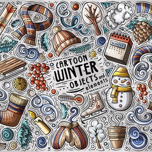 May include: A colorful cartoon illustration of winter objects and elements. The image includes a snowman, skis, a scarf, a hat, a calendar, a cup of coffee, a window, a sled, a sock, mittens, ice skates, and other winter-themed items.