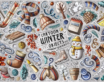 WINTER Vektor ClipArt, Wintertime Doodles Clip Art, Winter Cartoon PNG Set, Winter Wonderland Vektor Objekte, Digitaler Download, PNG
