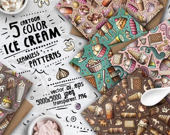 Ice Cream Digital Paper Pack, Sweet Seamless Patterns, Scrapbook Paper Set, Dessert Cartoon Seamless Pattern, Doodles Vector Backgrounds